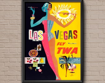 May include: A vintage travel poster advertising a trip to Las Vegas. The poster features a woman in a pink and blue swimsuit standing in front of a yellow sun with sunglasses. The text on the poster reads "Las Vegas Fly TWA".