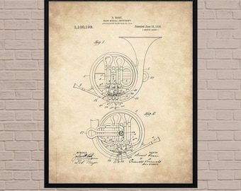 French Horn Patent Art Print, 1914, Music Lover Gift