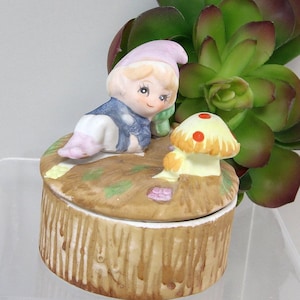 Vintage Mushroom Gnome Elf Pixie Trinket Box Pastel Woodland Cottage Decor