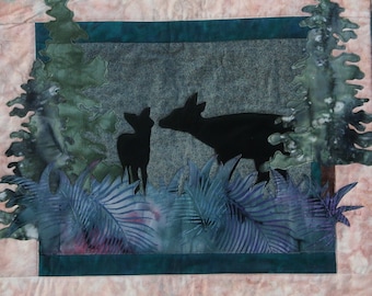 Vintage Handmade Finished Doe Fawn Deer, Dusk Til Dawn, Pine Needles McKenna Ryan Wall Quilt 17 x 19 Inch Wall Hanging