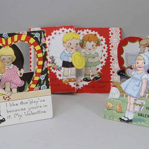 3 Vintage Valentine Cards Jump Rope, Jeep, Chick, Bonnet, Floral Pop Up USA Stand Up Boy Girl