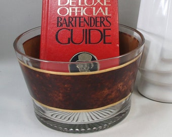 Vintage CULVER Ice Bucket Signed Tortoise Glass, Brown Faux Leather, 22k Gold, Star Base