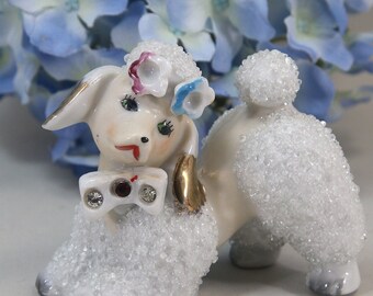 Vintage Sugared Texture French Poodle Dog, Floral Japan, Ruby, Rhinestones