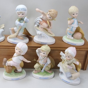 Vintage Lefton Boys Girls Sports Birthday Figurines February September Month Christopher Little Treasures Hockey Basketball Hunter