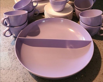 8 Vintage Royalon Corsage Lavender Creamer and Sugar Bowl, Asymmetrical Gravy, Divided Serving Bowl, Cups Mid Century Purple Melmac Melamine