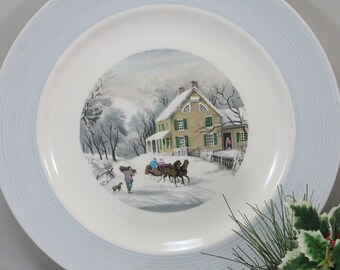 Vintage Christmas Advertising Give Away PLATE Winter Farm Scene, Seasons Greetings, Schanke Brothers, Dell, Minnesota, Horse Drawn Sleigh