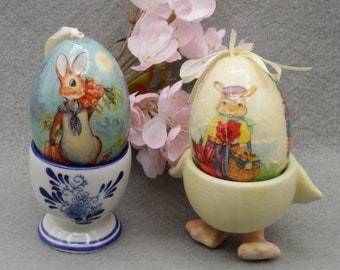 2 Vintage Egg Cups, Royal Delft Blue Windmill Floral, Duck Chick Feet Single Egg Cup Coddlers Easter