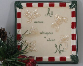 Vintage Christmas, All Nature Whispers a Silent Noel, Trivet Tile Russ Berrie Holiday 6 x 6