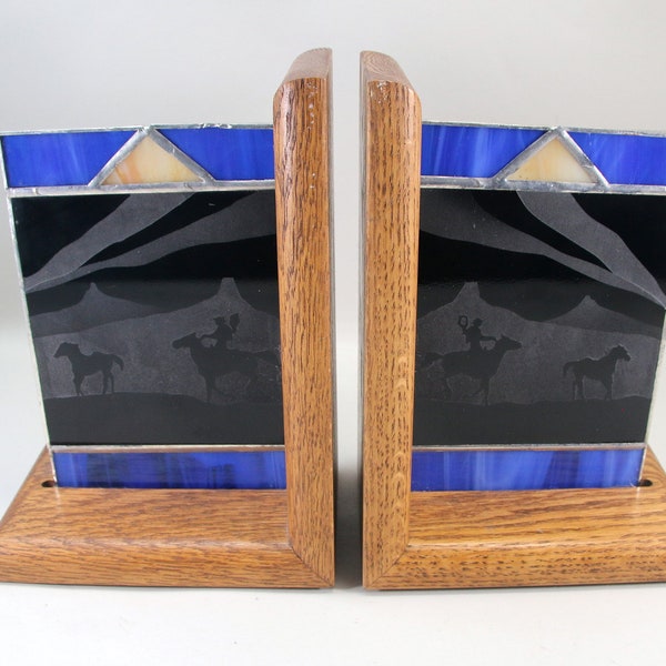 Vintage Bookends Stained Etched Glass Wood Hand Crafted Cowboys Cowgirls Horses Mountains Book Ends Western Gift