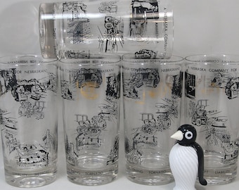5 Vintage Halloween Mayhem Advertising Macabre Bar Glasses, Nebraska Farmers Mutual, Tornado, Lightning, Fire, Liability, Theft, Smoke, Hail