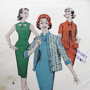 May include: Illustration of three women in vintage dresses and jackets. The woman in the center wears a blue dress with a patterned jacket. The woman on the left wears a green dress, and the woman on the right wears an orange jacket and dress.