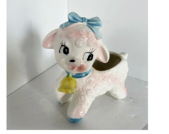 Vintage Pink Lamb Planter, Baby Shower Gift, Nursery Decor, MA59869 Bell Blue Yellow