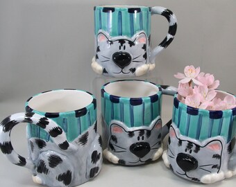 Vintage Cat Funny Mug with 3D Tail Handle, Turquoise, Black, Gray Tabby Cup