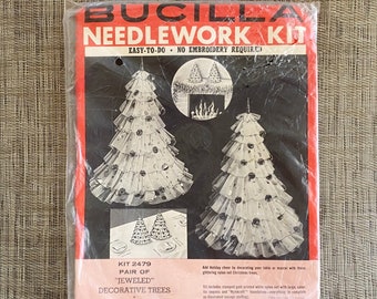 DIY Vintage Bucilla KIT Jeweled Decorative Glittering Nylon Net Christmas Tree Centerpiece Mantle Decor, Easy Needlework Mid Century