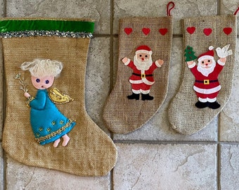 Vintage Handmade Mid Century Burlap Felt Christmas Stocking Santa with Hearts, Angel with Tree Natural Jute