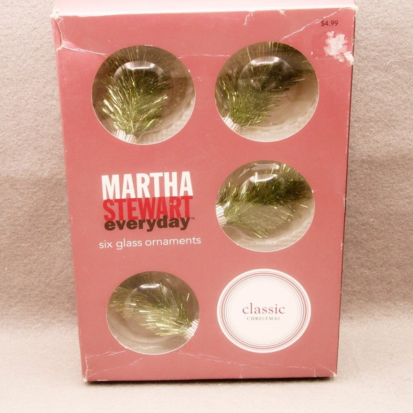 6 Vintage Tinsel Unsilvered Clear Martha Stewart Classic Christmas Tree Ornaments Boxed 2.5 Inch 2002