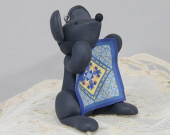 Vintage Clay Mouse and Blue Quilt Christmas Tree Ornament Handmade 2 inch