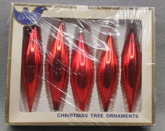 6 Vintage Shiny Brite Lanissa Torpedo Teardrop Christmas Tree Ornaments West Germany Boxed