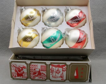 6 Vintage West German Hand Painted Bavarian Candles Stars Pine Branch Glass, DBGMa, Boxed Christmas Tree Ornaments