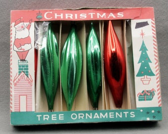 6 Vintage Fantasia Fluted Torpedo Teardrop Poland Christmas Tree Ornaments West Germany Boxed