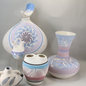 Vintage Pastel Navajo Pots, Handmade Vases Carved Ceramic Pottery, Signed Indian Native American Art Lavender, Blue, Pink, Black
