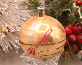 Vintage Polish Hand Painted, Christmas Tree Ornament, Carbon Mica, Gold Pink, Poland
