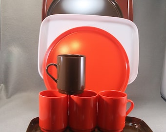 14 Vintage Oblique PMC Picnic Dinnerware Plates Trays Mugs, Fall Decor, Thanksgiving Table, MOD Orange Brown White Melamine 1970s Halloween