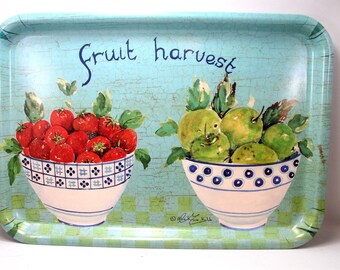 Bandeja de cosecha de frutas vintage italiana con fresas y manzanas, cuencos azules y blancos de Alie Kruse-kolk, estilo holandés, 45 cm (18 pulgadas)