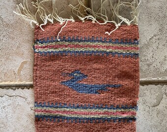 Vintage Southwest Wool Rug Small Rust Native American Style Table Mat Runner Wall Art 9.5 x 10