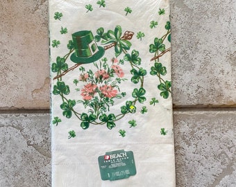 Vintage St Patricks Day Paper Holiday Beach Table Cloth Cover 54 x 96 Shamrocks Clovers Pink Carnations 1970s Leprechaun Hat