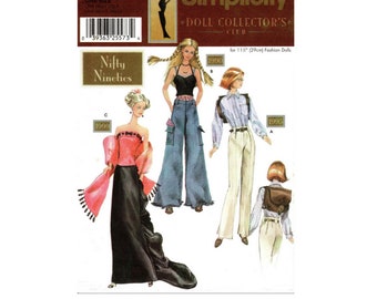 Barbie Nifty Nineties Doll Clothes Historical PATTERN Collector Club, 1990 Halter Top, Strapless Gown, Boyfriend Shirt Jeans Simplicity 7081