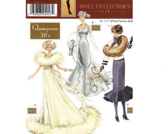 Barbie Glamorous 1930s Doll Clothes PATTERN 11.5 Inch Collector Club, Halter Gown, Flounce Skirt, Jacket, Fur Stole Simplicity 9704