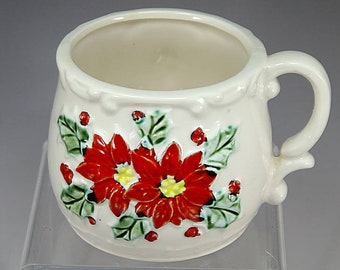 Vintage Christmas Cup Poinsettia Mug Japan, Holly Holiday