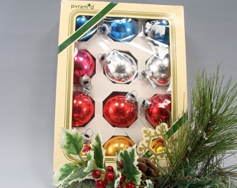 12 Vintage Pyramid Boxed Glass Christmas Tree Ornaments Round 1.75 Inch Small Blue, Gold, Silver, Red, Pink