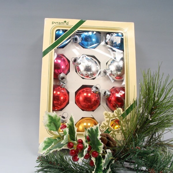 12 Vintage Pyramid Boxed Christmas Tree Ornaments Round 1.75 Inch Small Blue, Gold, Silver Red, Pink