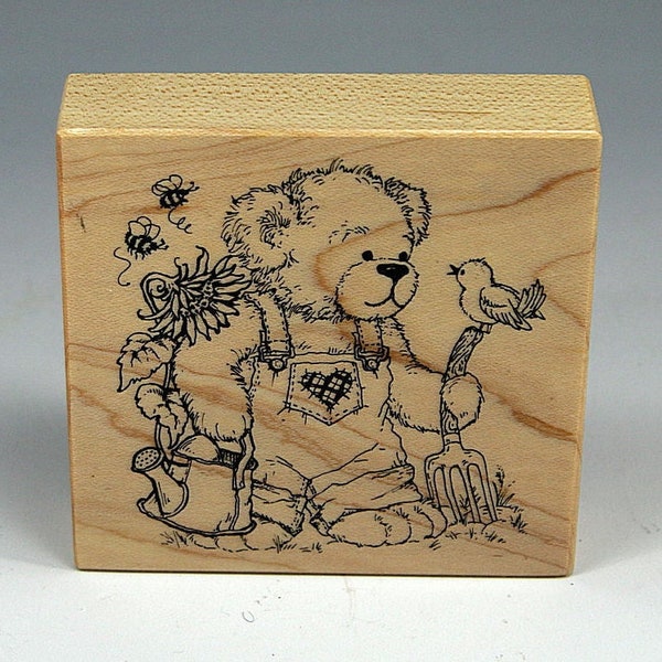 DIY Vintage PSX Teddy Bear Gardening, Rubber Stamp G-2051 Heart, Sunflower, Bees, Watering Can, Bird, Overalls, Personal Stamp Exchange