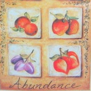 May include: A painted artwork featuring six squares with images of fruit: grapes, pears, peaches, apples, and plums. The word "Abundance" is written at the bottom. The artwork has a warm color palette with a decorative border.