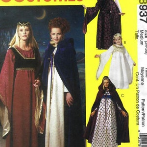 May include: McCall's Costumes pattern featuring medieval-style dresses and cloaks. The image shows various costume designs, including a burgundy dress with gold trim, a white dress with a blue cape, and a dark purple robe with a pointed hat. The pattern number is 8937.