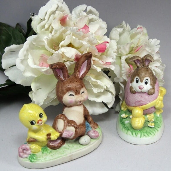 2 Vintage Easter Bunny Egg and Chick Figurines, Russ Berrie