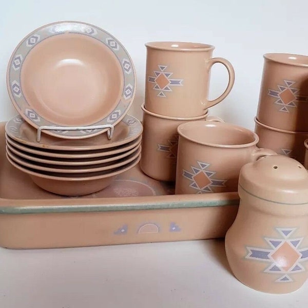 Vintage Southwestern Salad Dinner Plates, Mugs, Salsa Bowl, Salt Adobe Treasure Craft 1990s Dinnerware