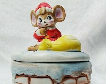 Vintage Christmas Santa Claus Mouse Trinket Box with Lid, Homco Taiwan