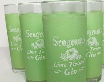 4 Vintage Seagrams Lime Twisted Gin Tall Frosted Bar Glasses Highball Advertising, Fathers Day Gift for Dad Grandfather