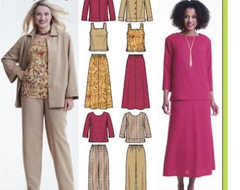 DIY UNCUT Easy 20-28 PLUS Womens Pull On Skirt, Long Sleeve, Tank Top, Jacket, Pants, Sewing Pattern Office Casual Wardrobe, Simplicity 5463