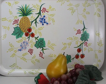 Vintage Metal Fruit Serving Tray Strawberries Pineapples Grapes Large