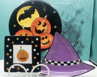 Vintage Halloween Purple Witch Hat Candy Dish, Small Jack O Lantern Plate Polka Dots, Tag, Hausen Ware Libby Wilkie
