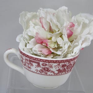 May include: A white teacup with a red floral pattern filled with white and pink flowers. The teacup has a handle and a decorative rim. The flowers are full and overflowing, creating a delicate and charming display.