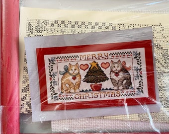 DIY Merry Christmas Cats Sampler Cross Stitch Kit, by Design Works 9242 with Frame 14 Count 1989