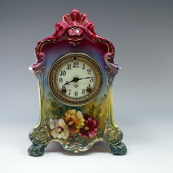 Vintage Ansonia Victorian Floral Mantle Clock Hand Painted Porcelain Bonn Germany