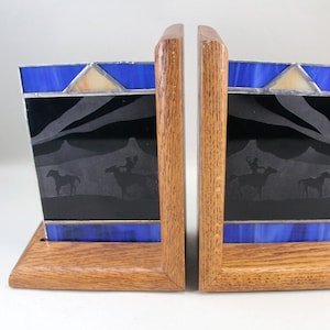 Vintage Bookends Etched Stained Glass Wood Hand Crafted Cowboys Cowgirls Horses Mountains Book Ends Western Gift