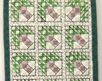 Vintage Hand Quilted Miniature Tree of Life Green Stamped Quilt 4.75 x 6.25